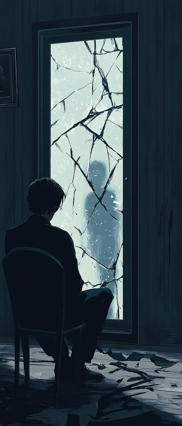 Lonely figure facing a cracked mirror of sad reflections