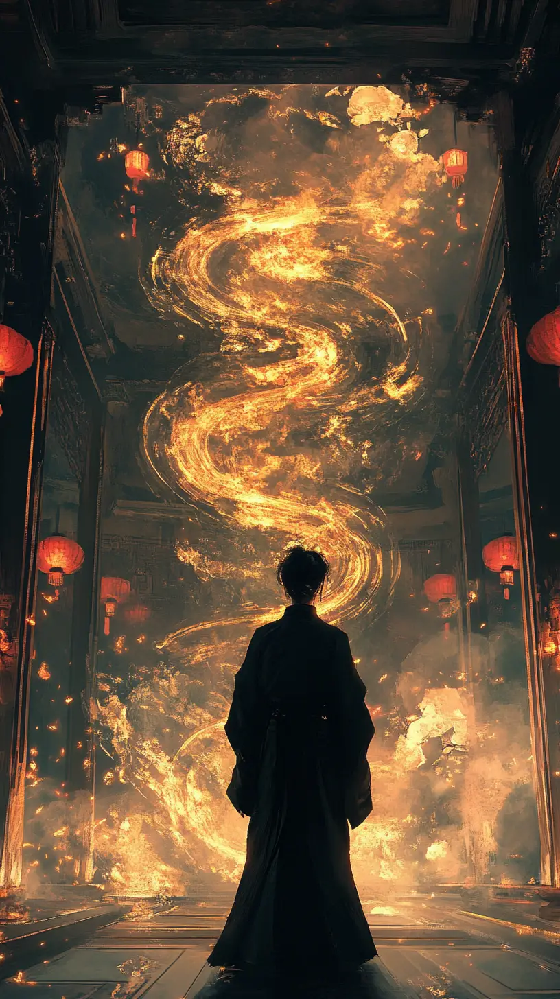 Monk Facing Vortex Of Glowing Calligraphy In Pavilion