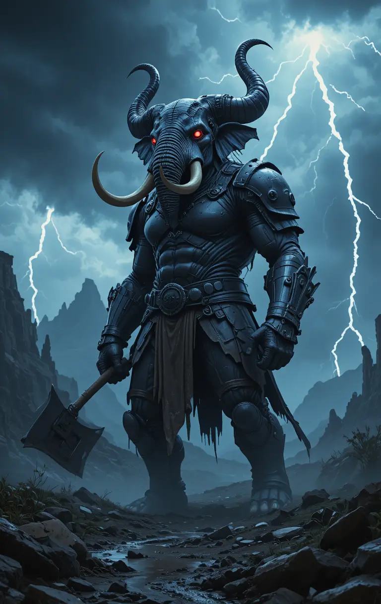 Horned elephant warrior towers in a stormy fantasy landscape