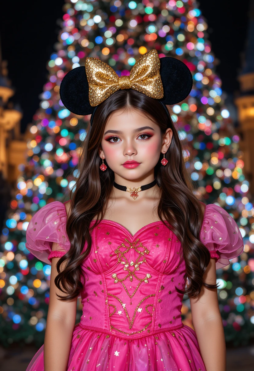 Tween-Mädchen im pinken Weihnachtskleid am Disneyland-Baum