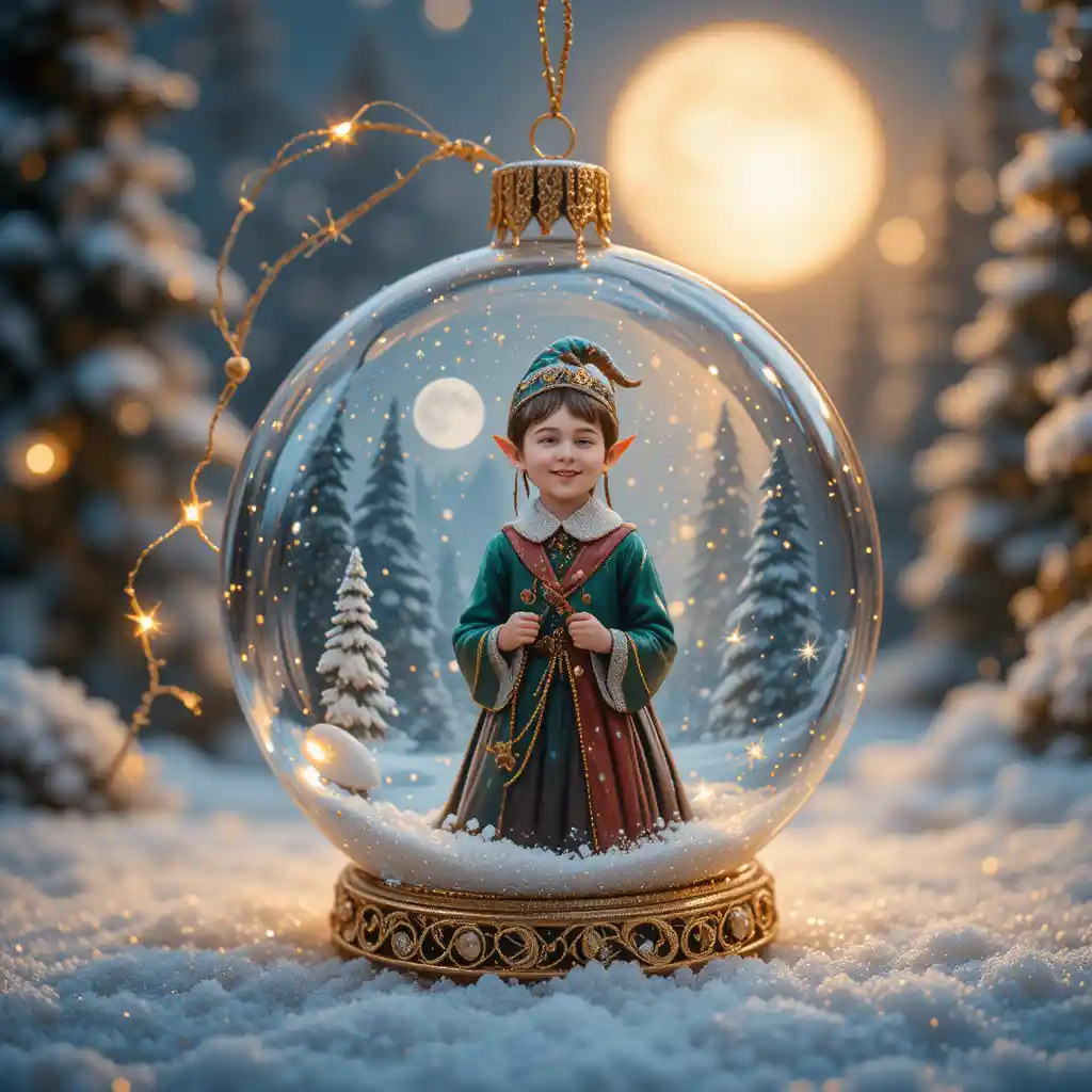 Crystal ball christmas ornament with elf in snowy forest