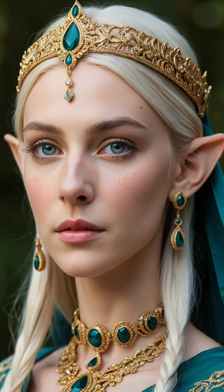 Regal elven girl portrait with braided crown and gold jewelry