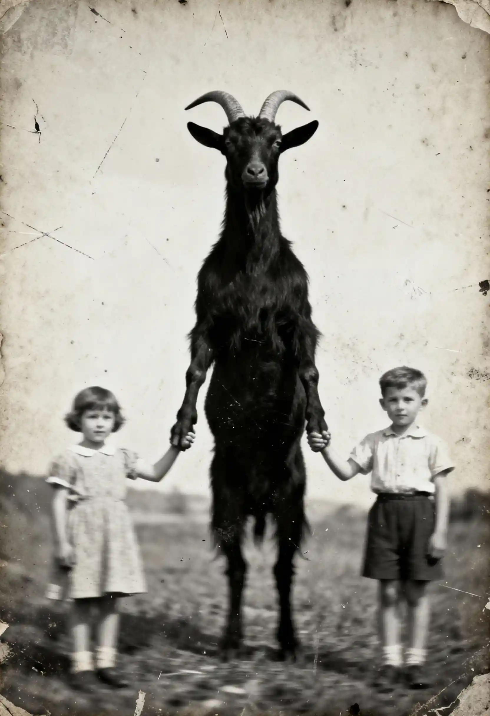 Blurry vintage photo of children with tall goat figure