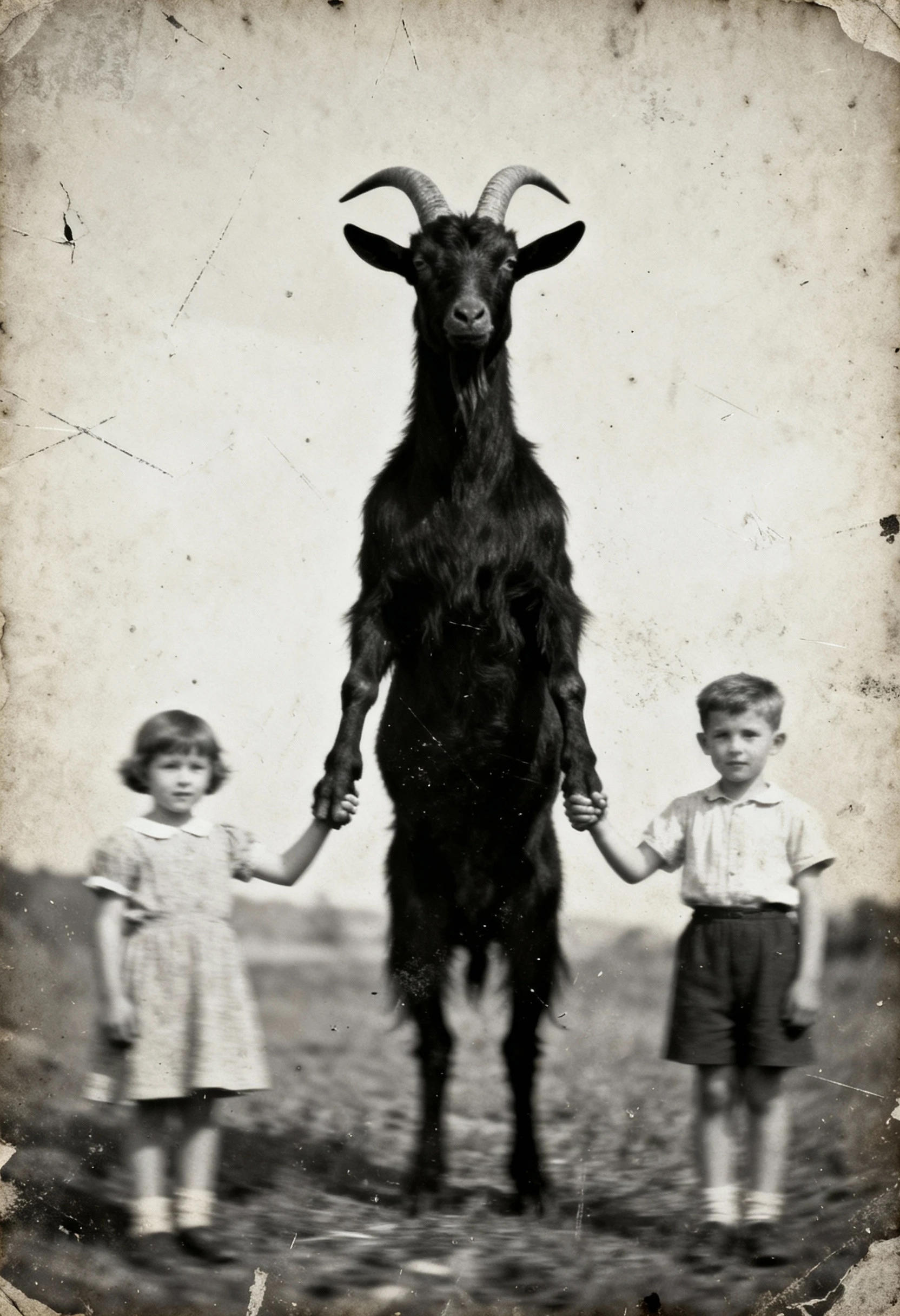 Blurry vintage photo of children with tall goat figure