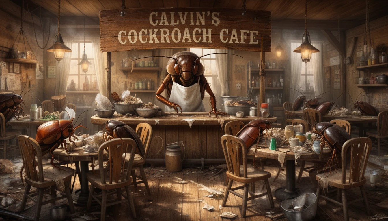 Schäbige Kakerlaken-Café-Bar voller Insekten-Gäste