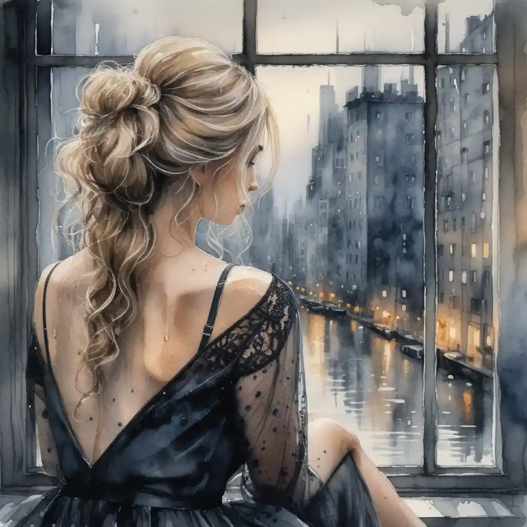Watercolor woman in black lace by rainy city window