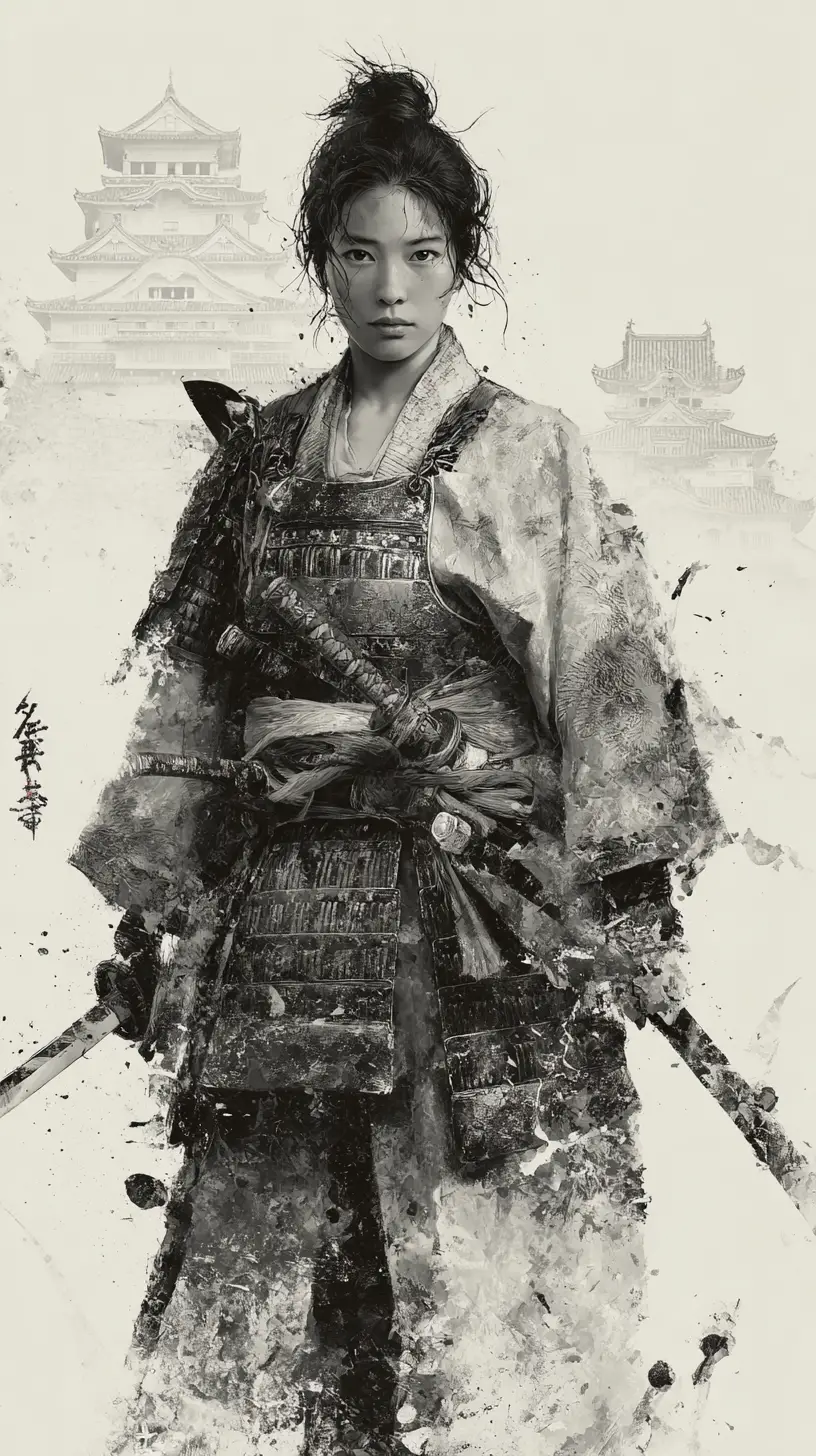 Ink style portrait of a calm female samurai warrior