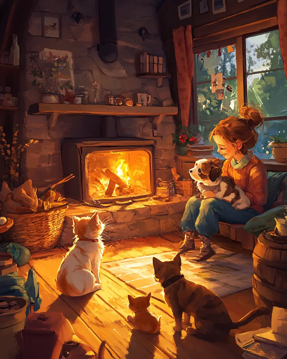 Family relaxing by a warm fireplace in a cozy bungalow
