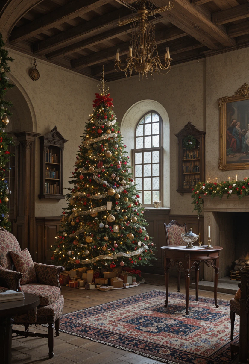 Cozy 15th century room with Christmas tree and fireplace