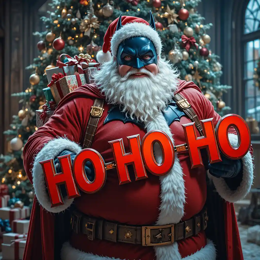 Fröhlicher Superheld im Santa-Anzug neben einem Weihnachtsbaum