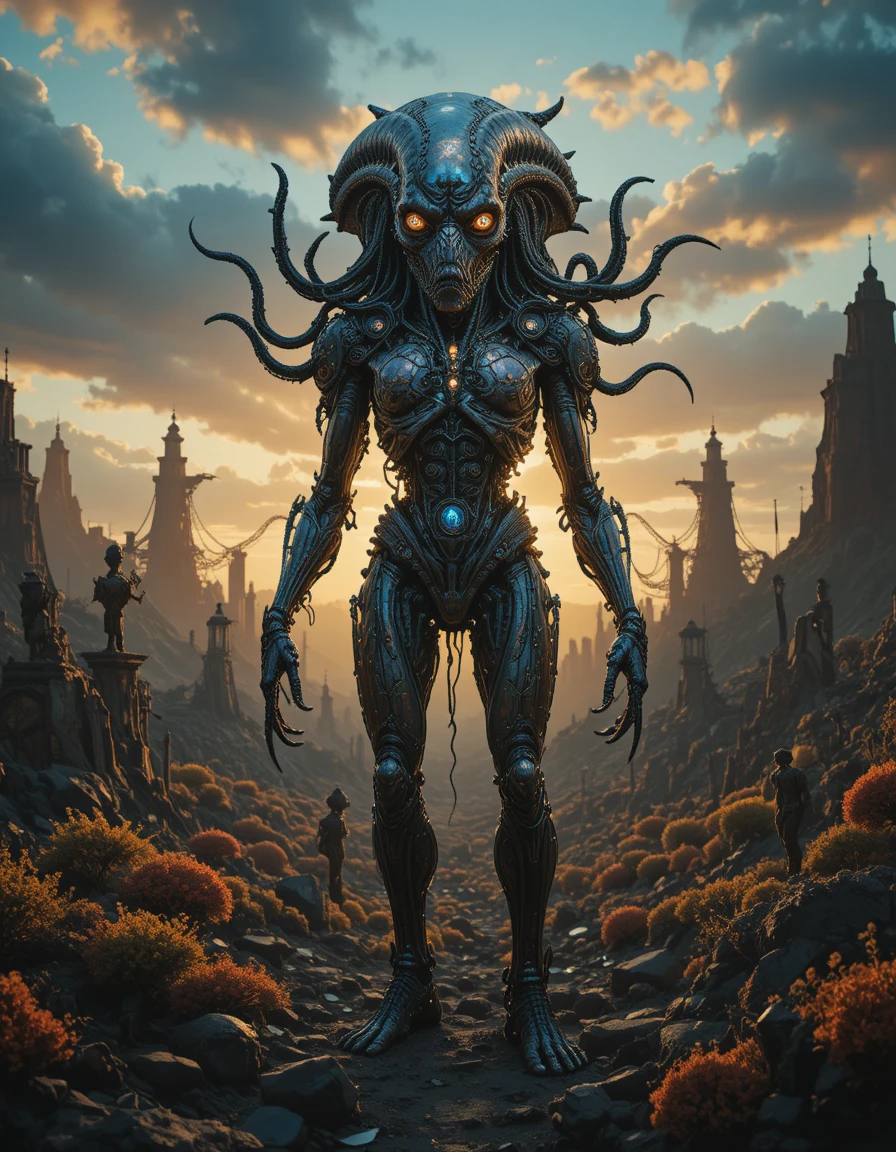 Bio mechanical humanoid in a surreal post apocalyptic landscape