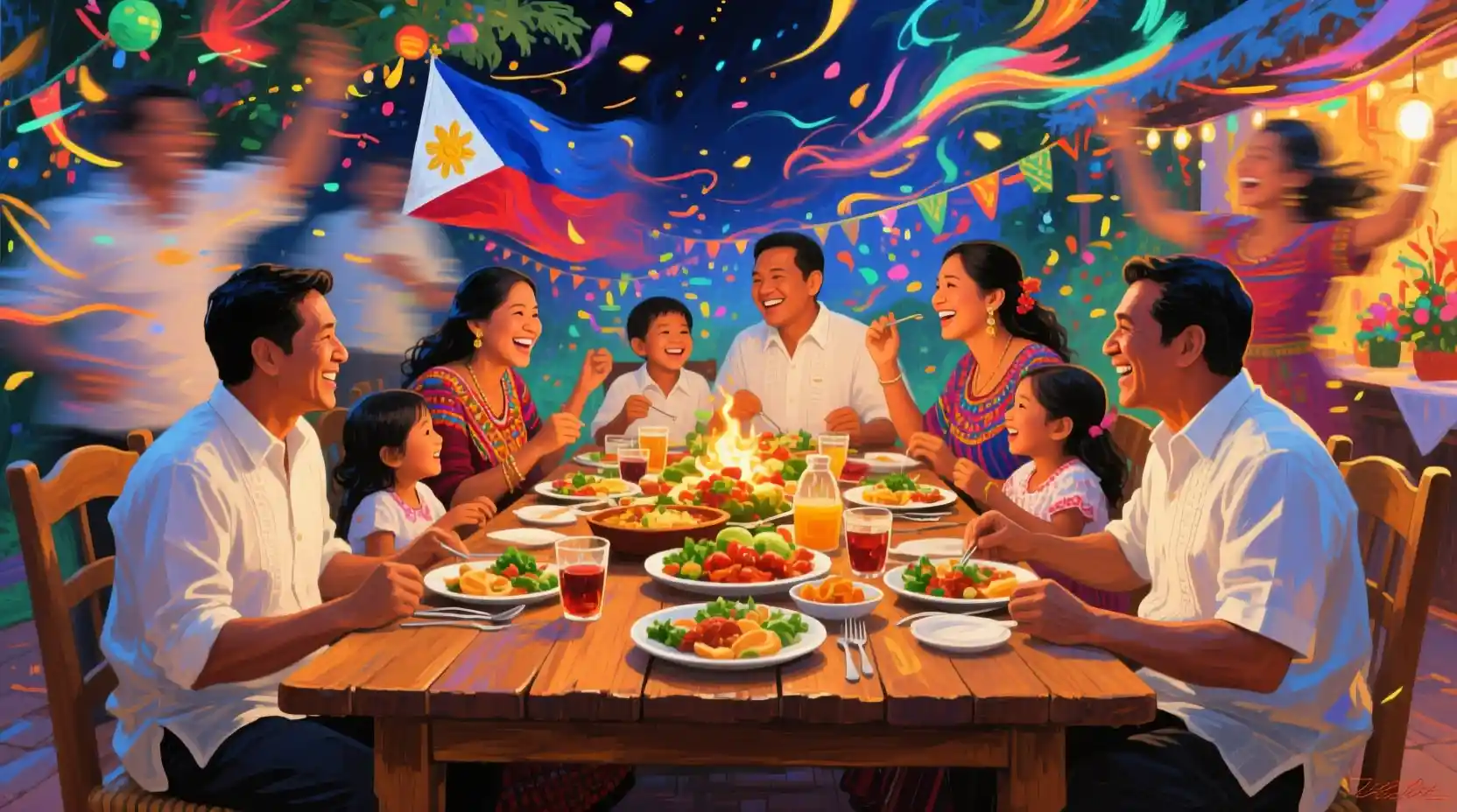 Filipino family sharing a festive Noche Buena feast