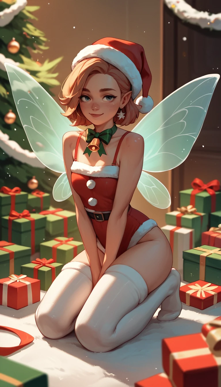 Fée de Noël assise sur une enseigne festive « Merry Christmas »