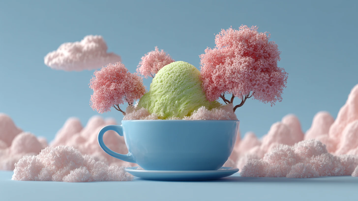 Surreal dessert landscape with cup sundae and pink trees