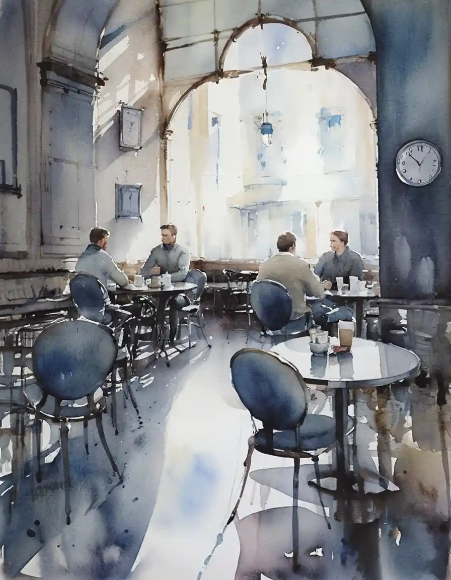 Interior de café em aquarela com pessoas conversando em mesas redondas