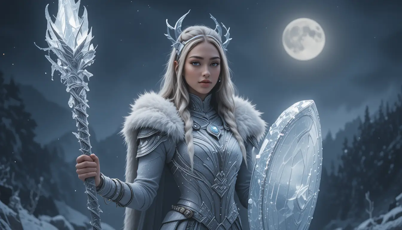 Frost warrior woman under the moonlit foggy sky