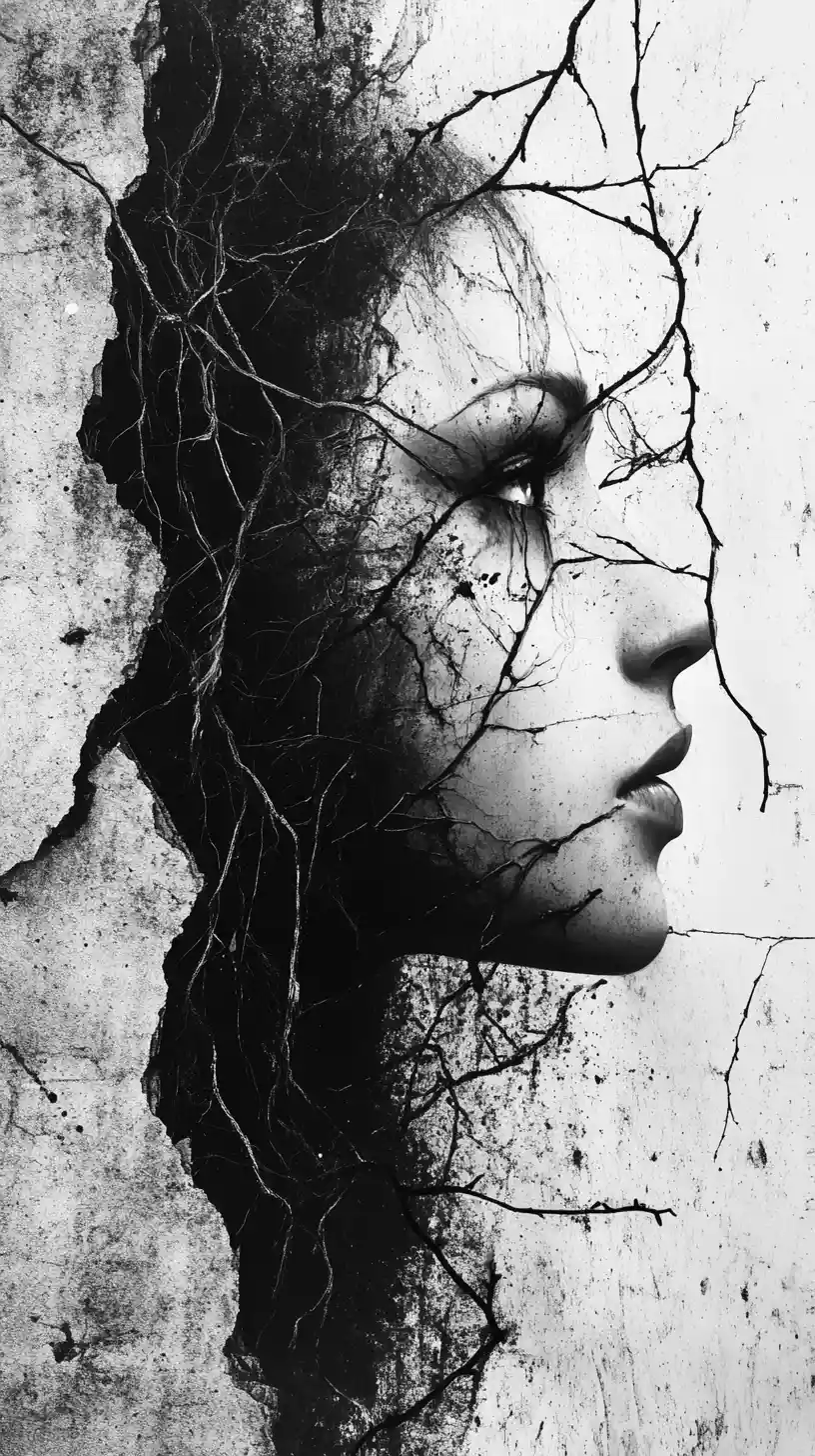 Ethereal woman emerging from a decaying concrete wall