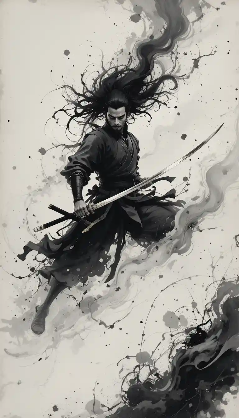 Samurai zieht sein Katana in wirbelnden monochromen Tintenwinden
