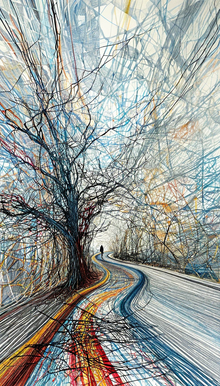 Abstract line art tree and path with solitary figure