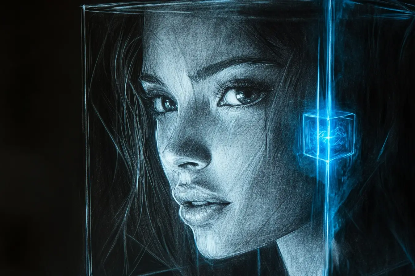 Intricate pencil outline portrait of a girl with glass laser cube
