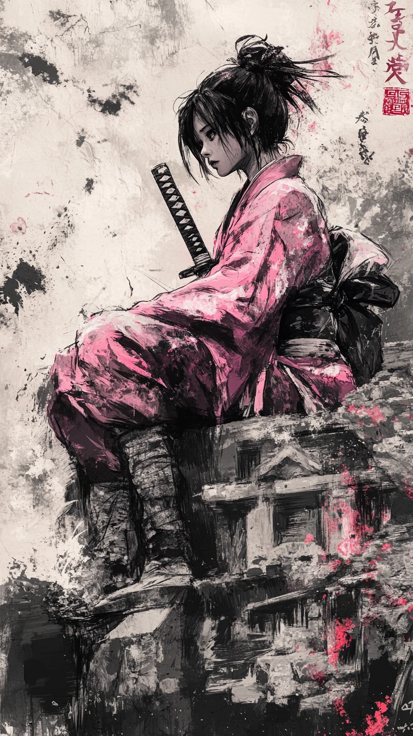 Young samurai woman on ancient stone temple ruins at dusk