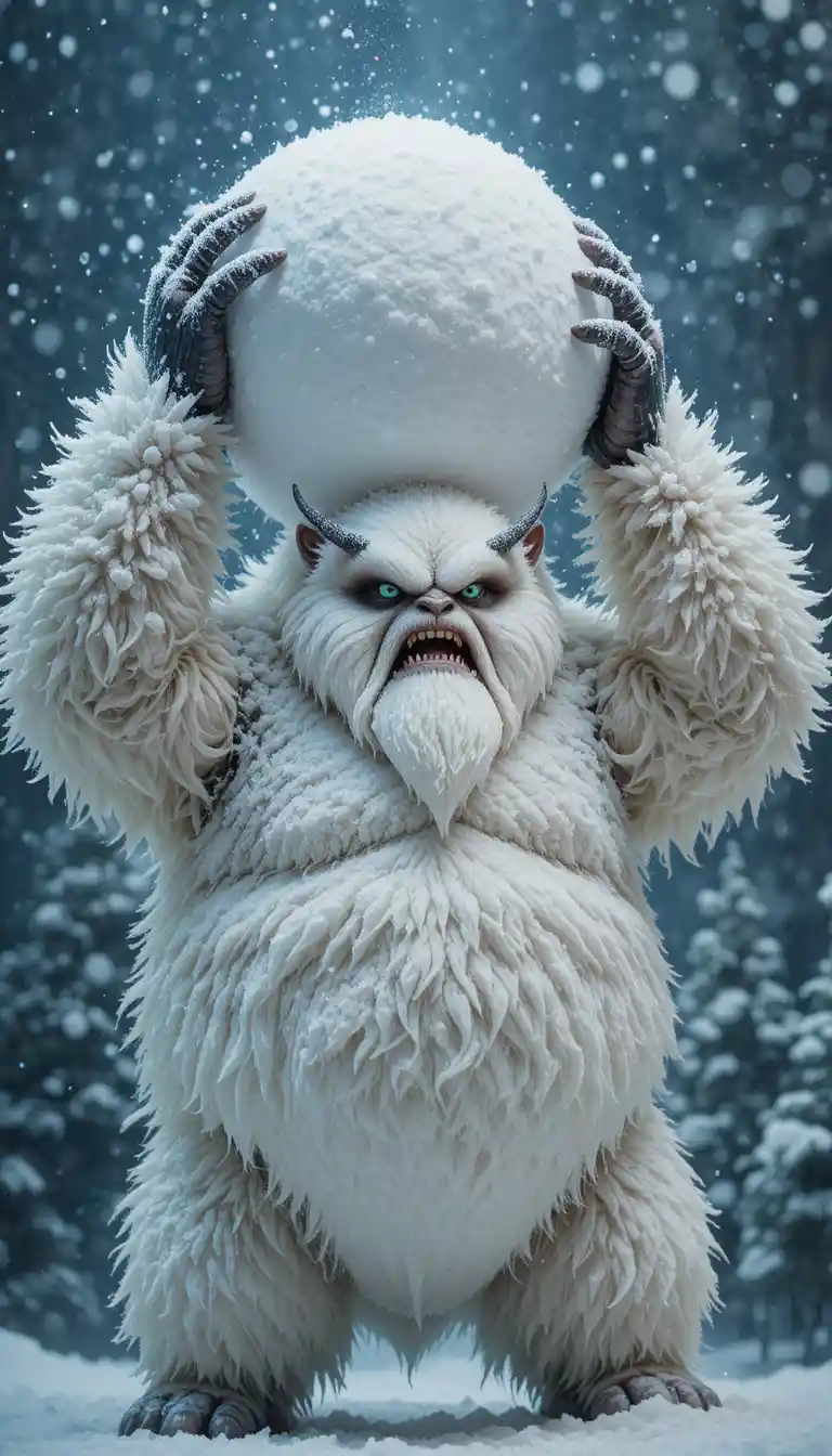 Schneebedecktes Monster hebt einen riesigen Schneeball
