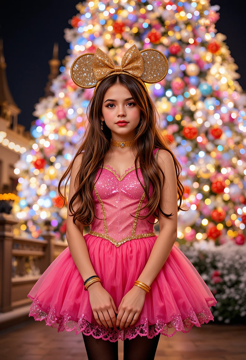 Garçon préadolescent en robe de Noël rose la nuit