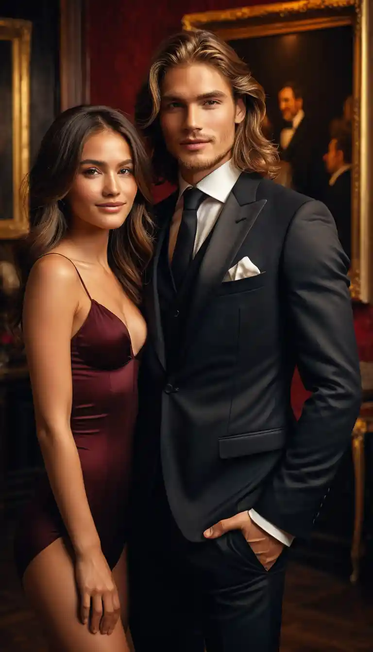Charming young man in a black suit at luxury party