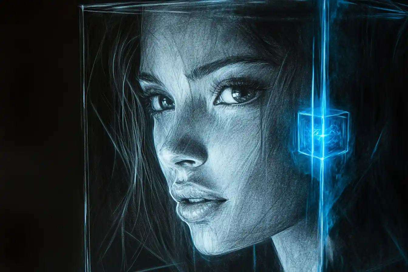 Intricate pencil outline portrait of a girl with glass laser cube