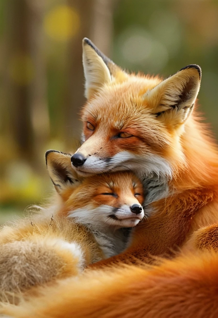Red fox mother cuddling her tiny baby in warm light