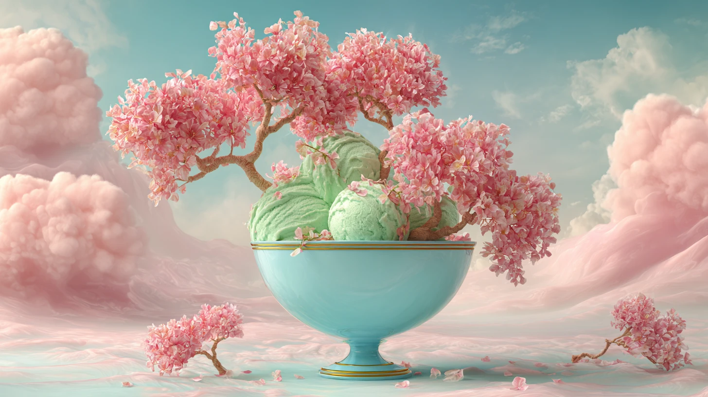 Paesaggio Surreale di Gelato con Alberi e Nuvole Rosa