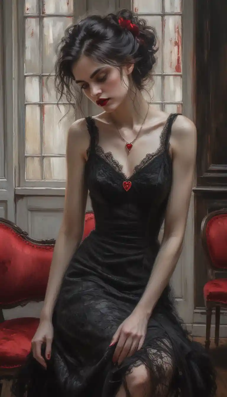 Melancholic Woman In Black Lace Dress In Vintage Room
