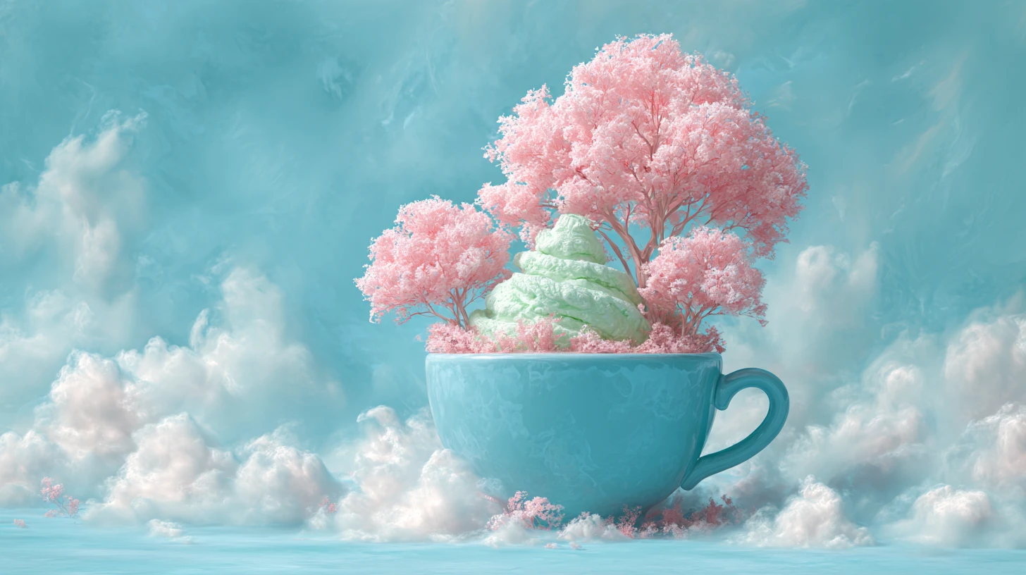 粉紅樹與雲朵的超現實冰淇淋景觀