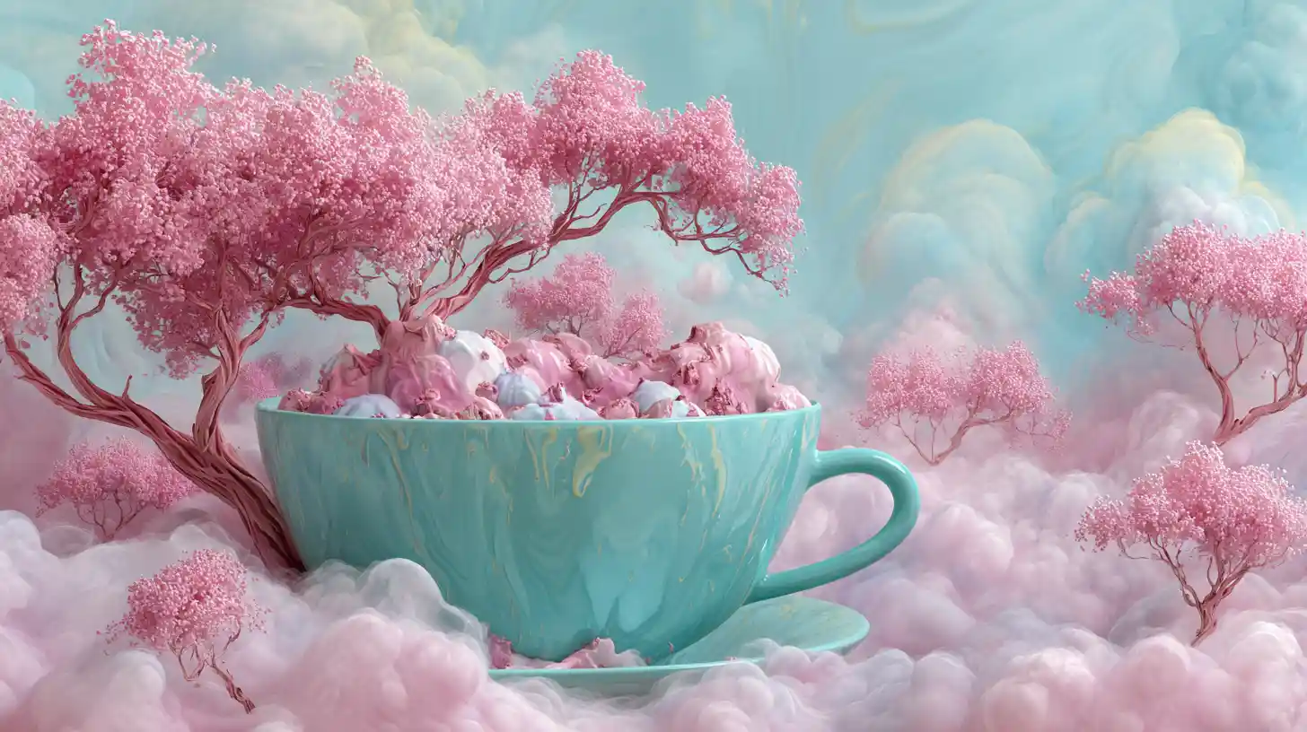Paesaggio Surreale di Gelato con Alberi Rosa Fluttuanti