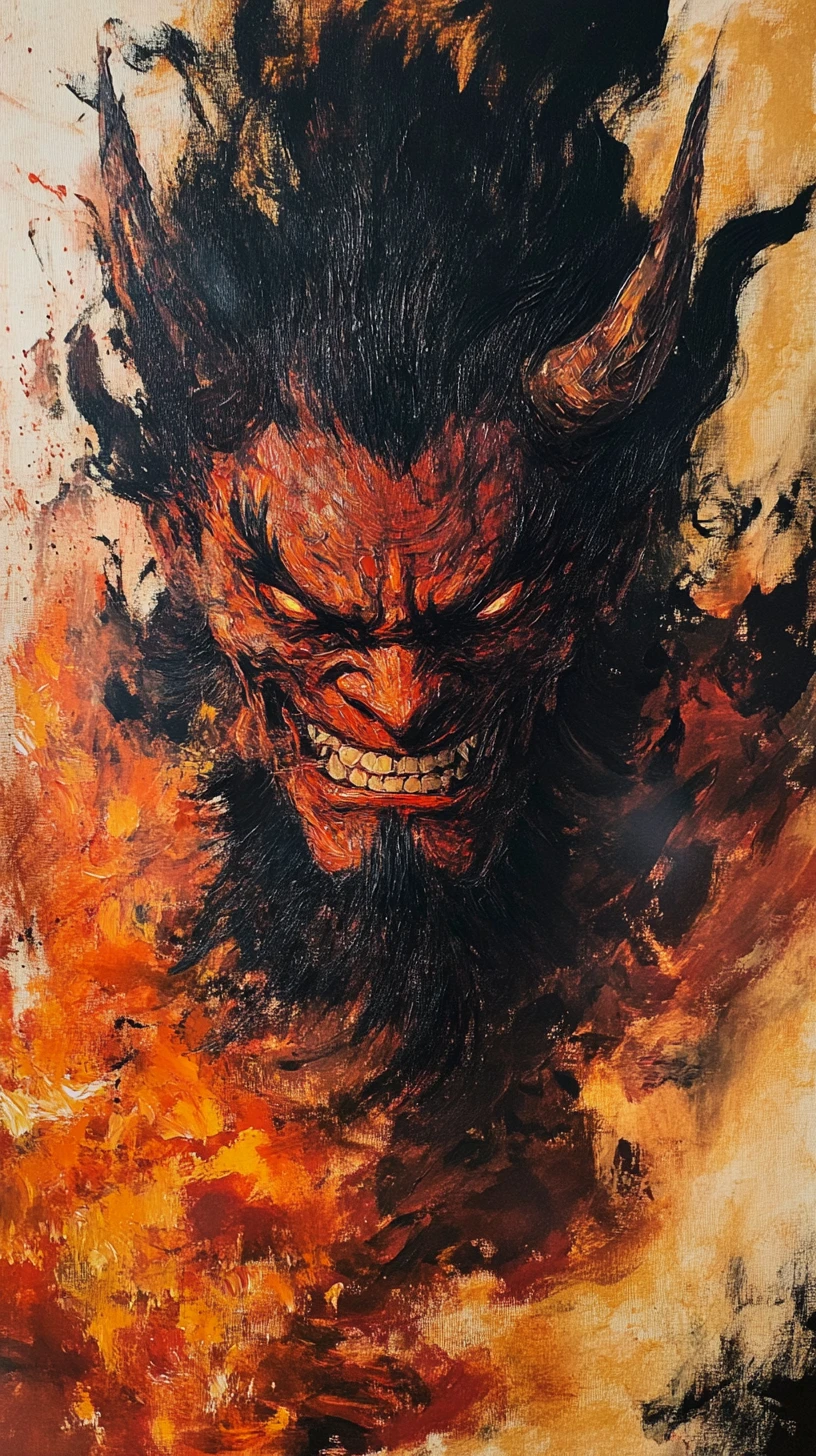 Furious oni demon roaring amid swirling flames and smoke