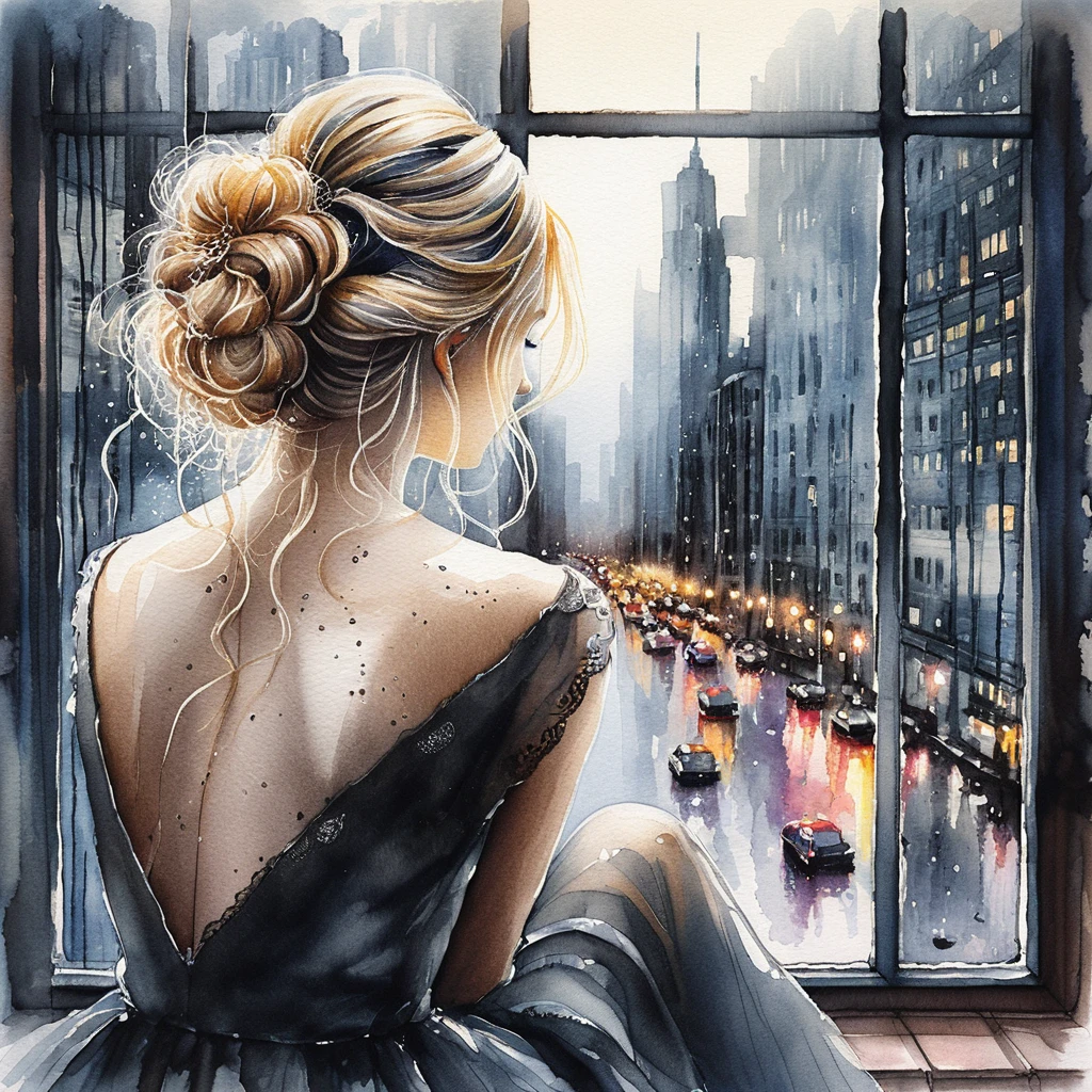 Watercolor woman in lace by a rainy city window