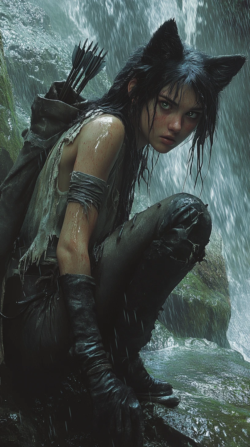 Wolf eared young woman clinging to a rainy stone waterfall
