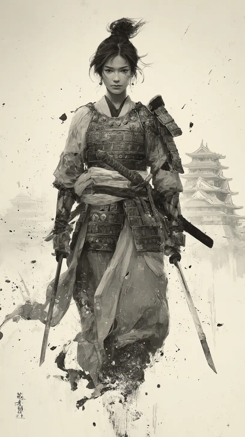Ink style portrait of a calm female samurai warrior