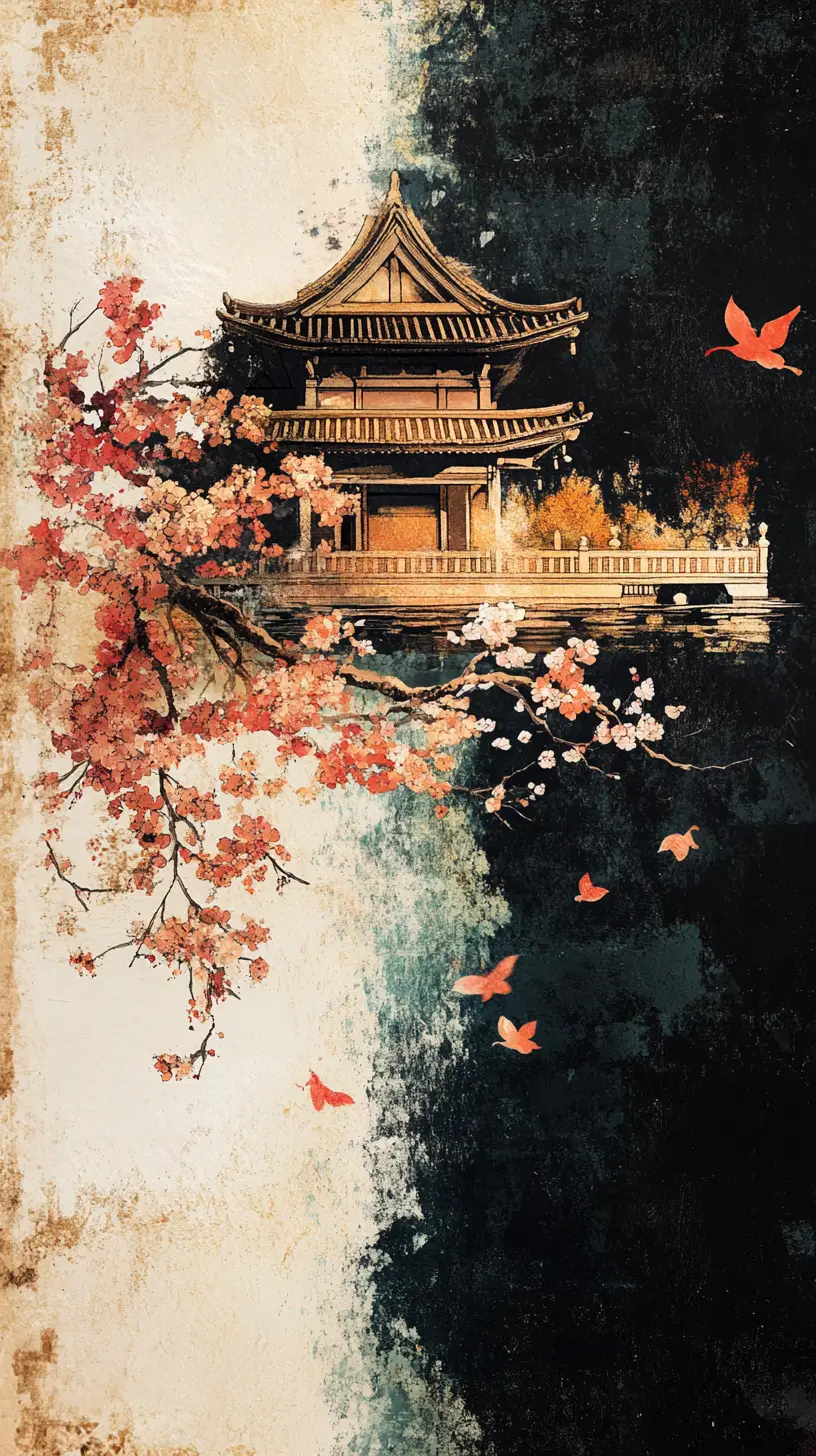 鶴與櫻花的日本風景畫