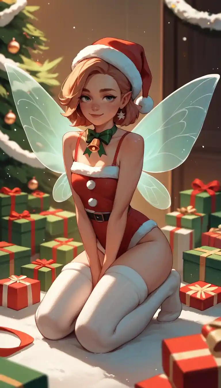Fée de Noël assise sur une enseigne festive « Merry Christmas »