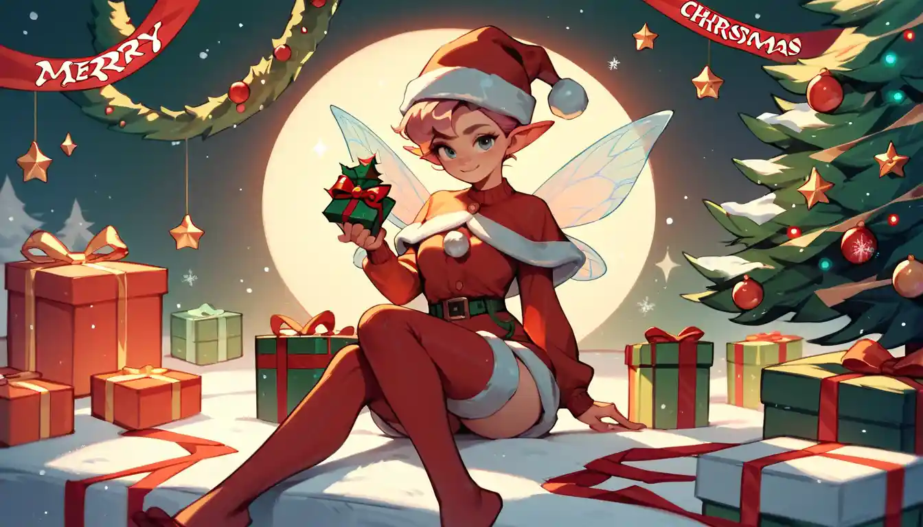 Adorable fée de Noël assise sur une enseigne festive Merry Christmas