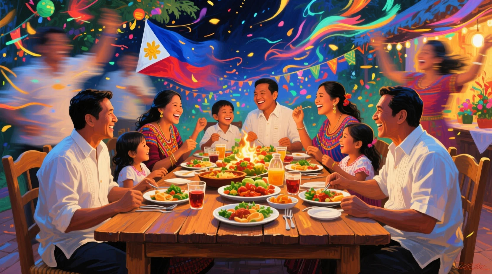Filipino family sharing a festive Noche Buena feast
