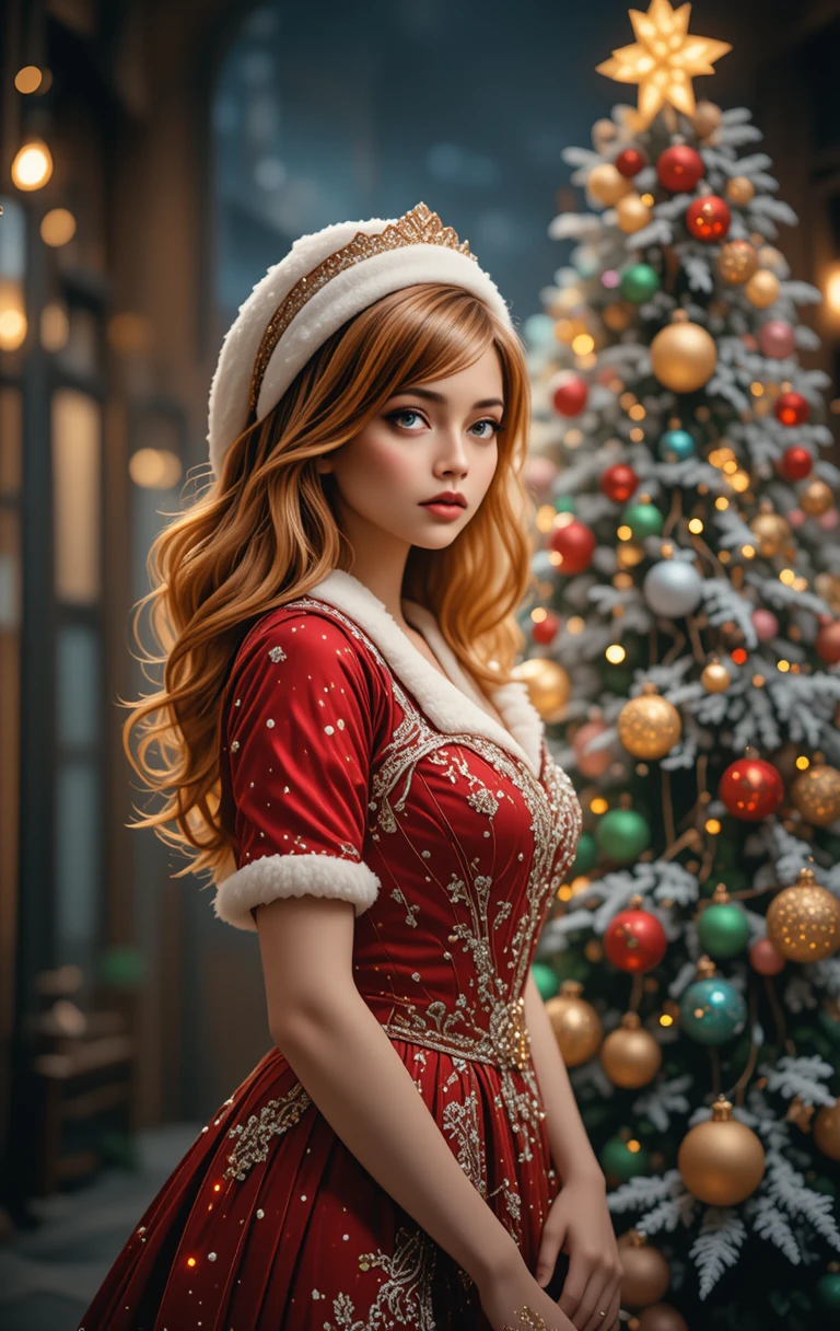 Anime-Mädchen im roten Weihnachtskleid vor leuchtendem Baum