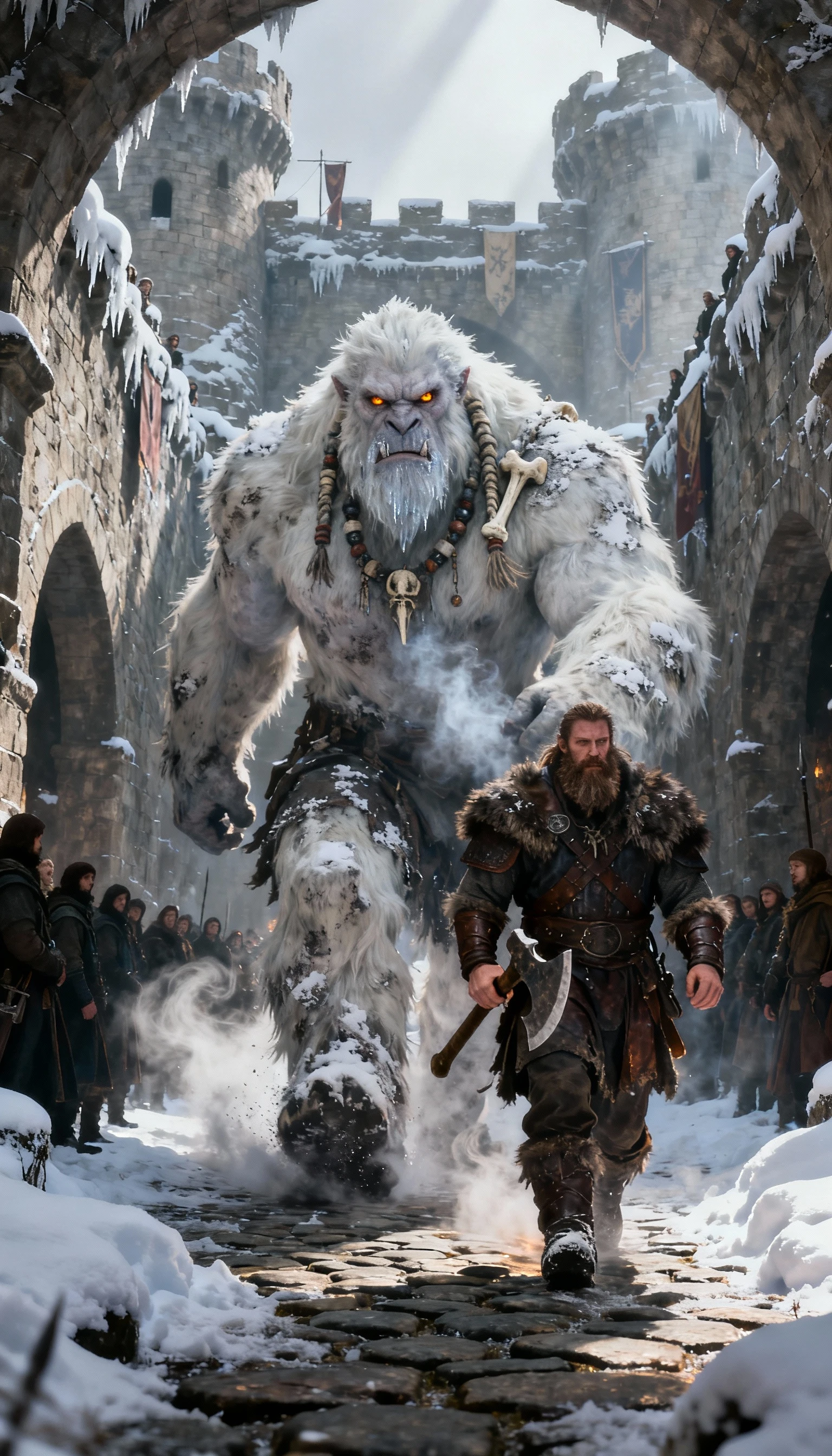 Giant and human warrior stride through a snowy fortress