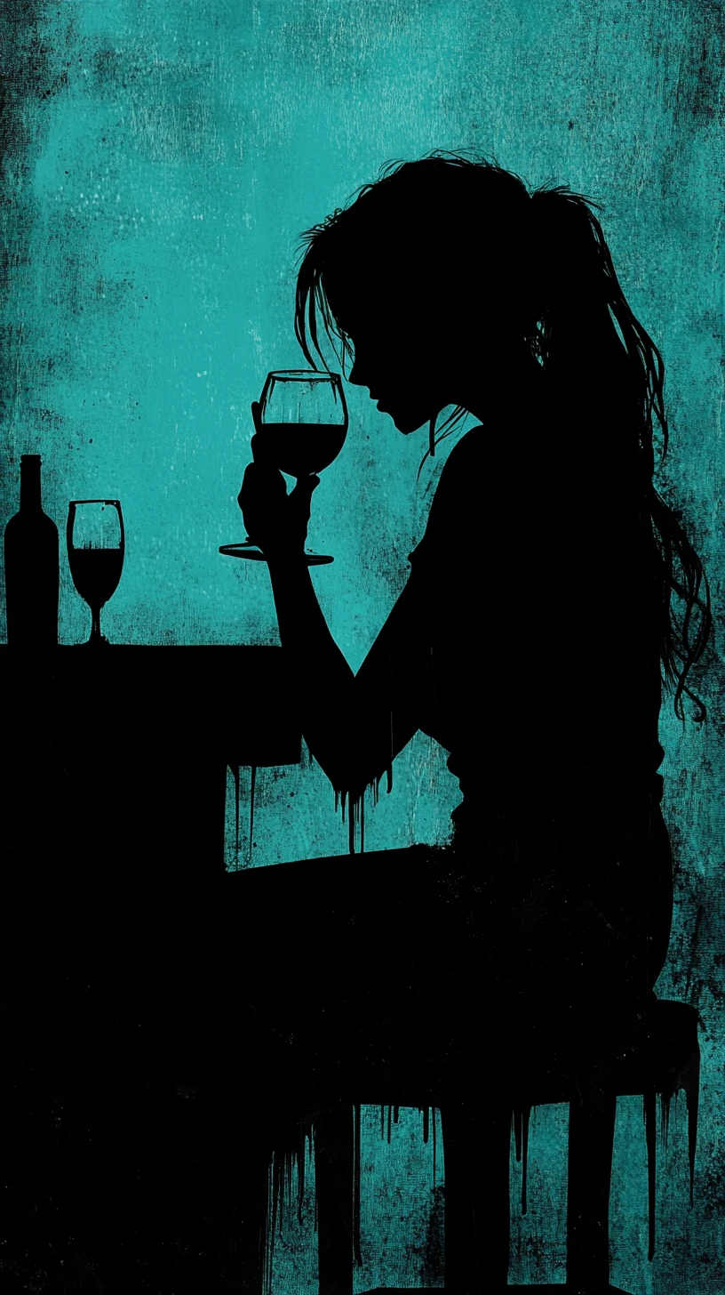 Femme Mélancolique au Bar en Style Bande Dessinée Noir Turquoise