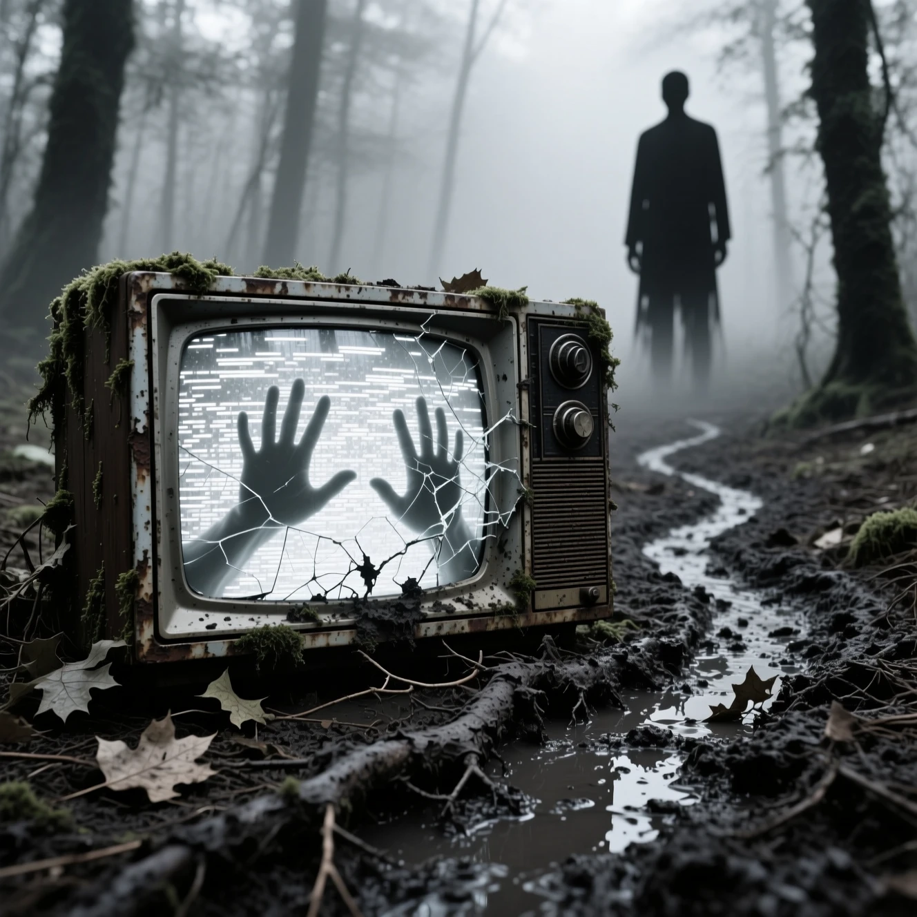 Televisor vintage en descomposición en bosque neblinoso con pantalla estática