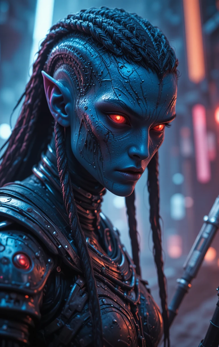 Close up of scarred alien warrior in neon sci fi armor