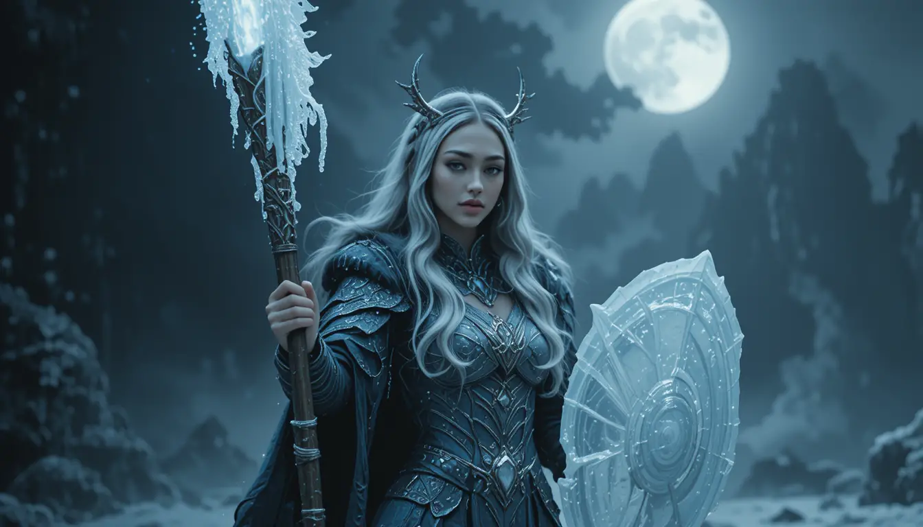 Frost warrior woman under the moon with glowing staff