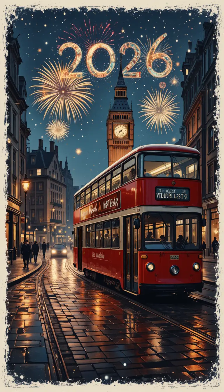 Vintage London tram passing Big Ben on festive night