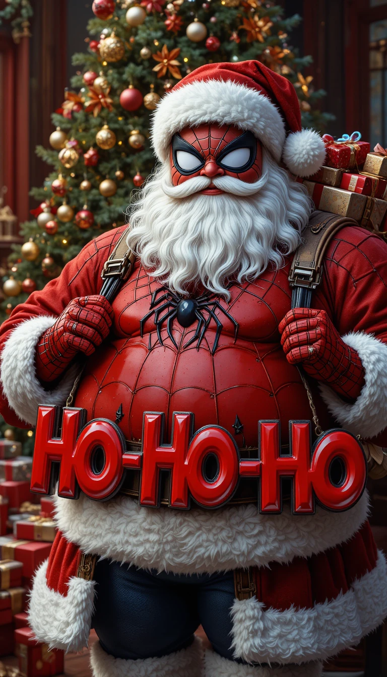 Cheerful superhero dressed as Santa by a Christmas tree